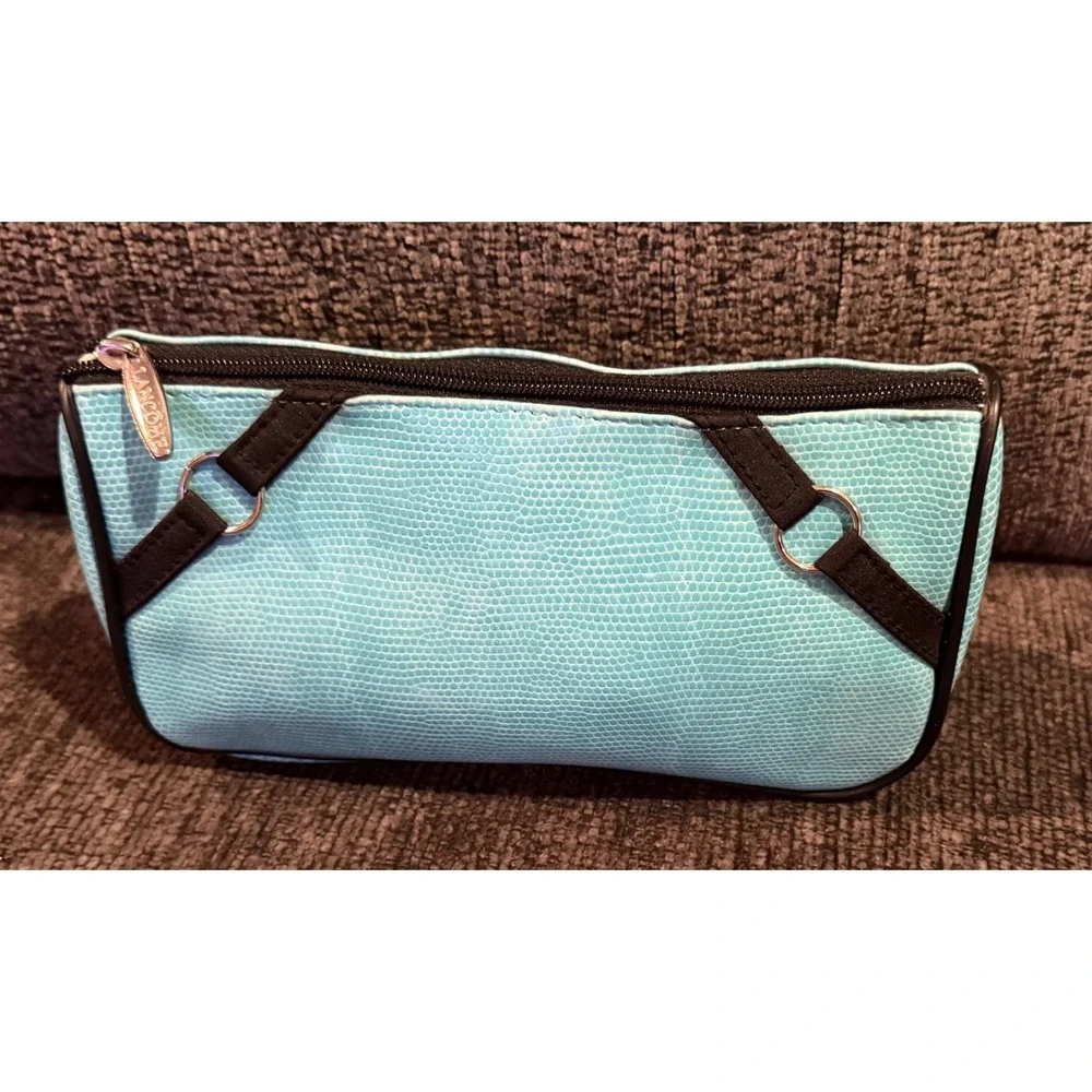 New LANCOME Cosmetic Bag Clutch Travel Bag Turquoise Snake Embossed Faux Leather